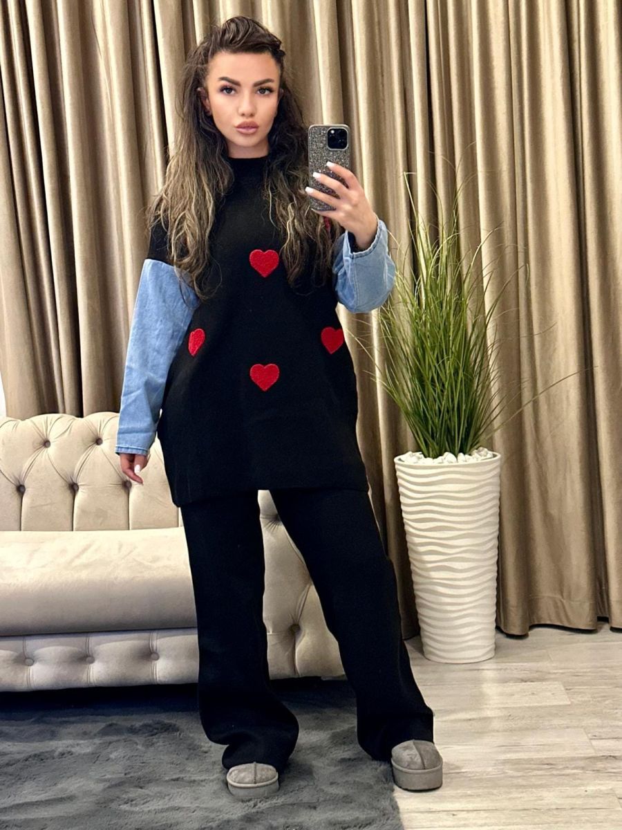 Compleu Tricot Femei Engross, Doua Piese, Over Size, Maneci Denim, Inimi, Negru, MN-5585
