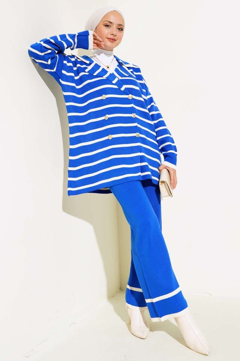 Compleu Tricot Femei Engross, Doua Piese, Over Size, Nasturi, Albastru, MN-5556