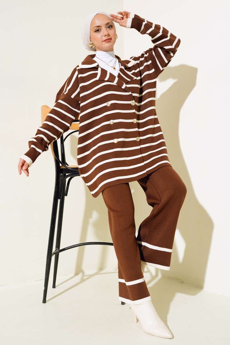 Compleu Tricot Femei Engross, Doua Piese, Over Size, Nasturi, Maro, MN-5553