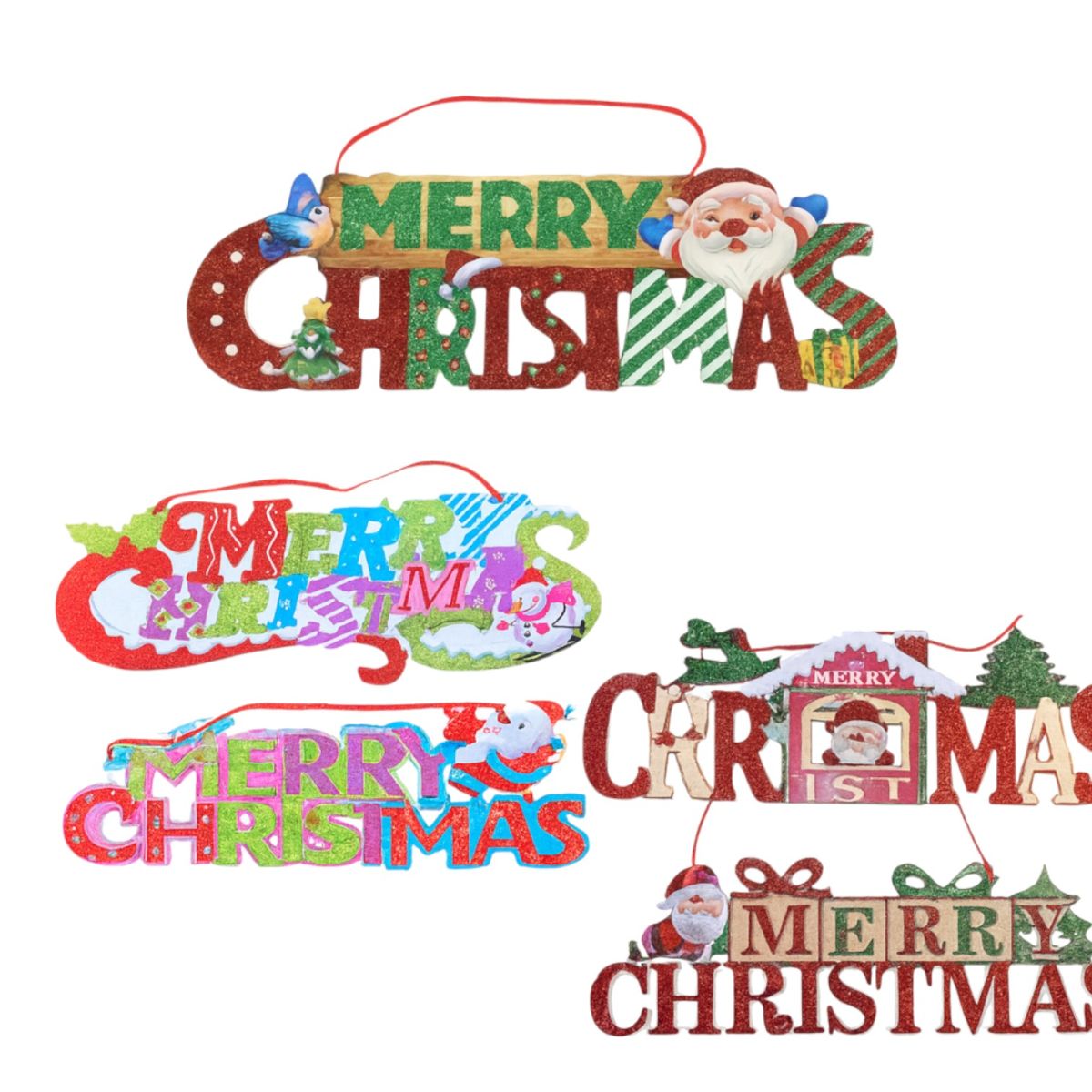 Decorațiuni Crăciun „Merry Christmas” 10/set, din Carton 30x10cm, Colorat cu Agățătoare, Diferite Modele Engros