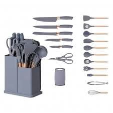 Set 19 ustensile de gătit Promagg® din silicon cu mâner din bambus, suport și tocător, multicolor angro engros