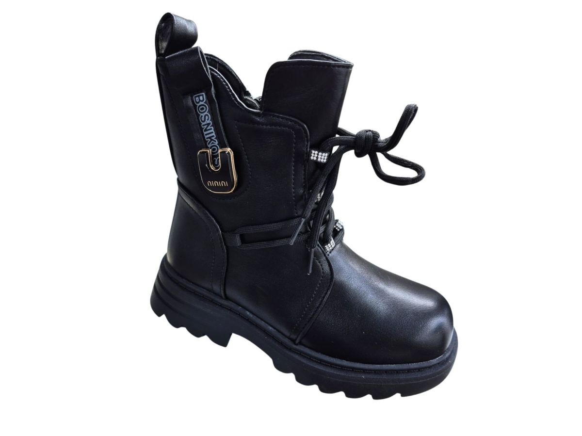 Ghete Fetite Imblanite, Piele Ecologica, Aplicatii Stralucitoare, Accesoriu Atasat Lateral, Inchidere Fermoar + Siret, Engross, Marimi 32-37, 8buc/bax negru