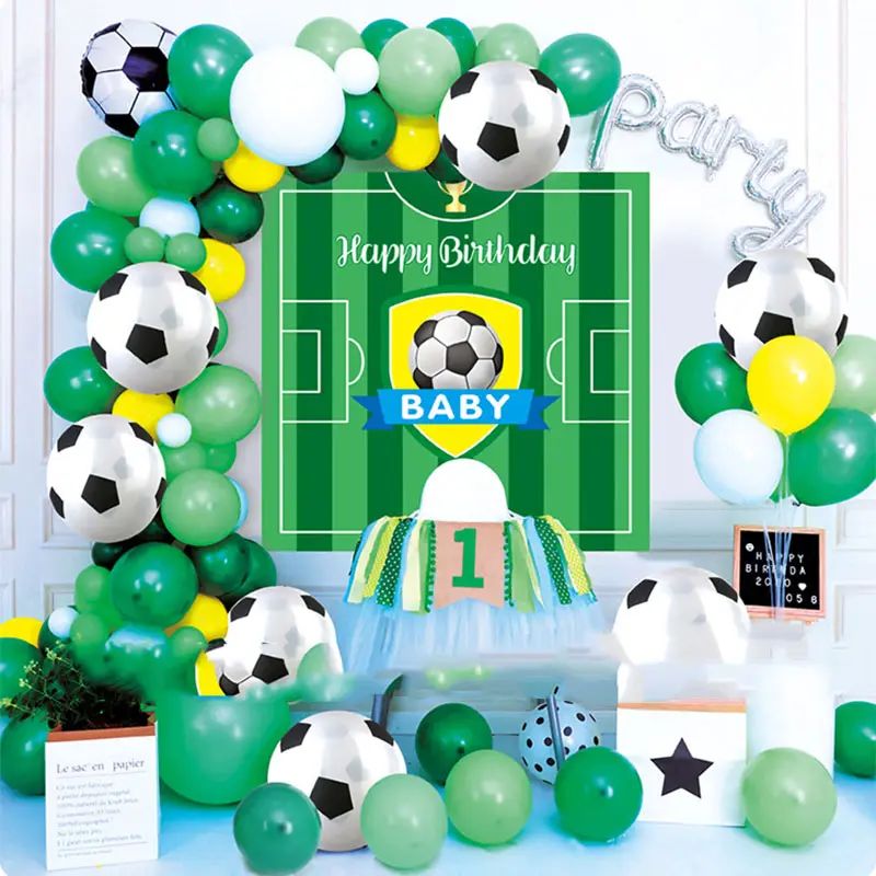 Kit aranjament baloane Fotbal, fundal Happy Birthday, latex si folie de aluminiu, 59 piese Engros