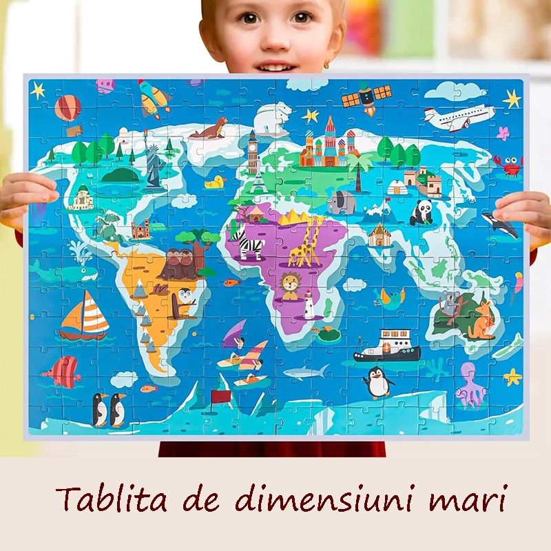 Puzzle magnetic harta lumii cu animale, 168 piese, tablita cu snur agatare pe perete, multicolor, 41x55 cm Engros