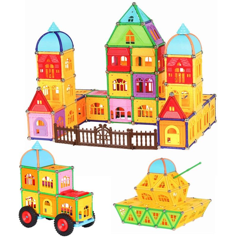 Set constructii magnetic, 130 piese, constructie 3D castel, masinuta, varsta 6+, ProCart Engros