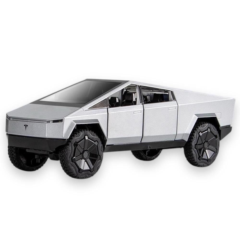 Macheta Tesla Cybertruck, Faruri si Stopuri Luminoase, din Metal, cu Lumini si Sunete realistice de Motor si Alarma, Volan Functional, cu Functie Pull-Back, cu Functie de Deschidere a Usilor - Gri