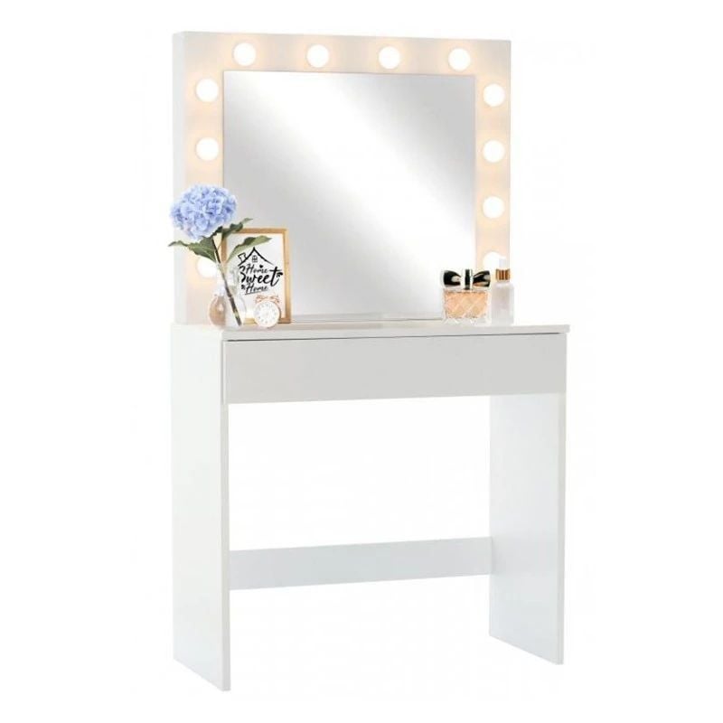 Masa de toaleta, oglinda iluminata cu 12 LED-uri alb cald, 80x40x140 cm, MDF, alb Engros