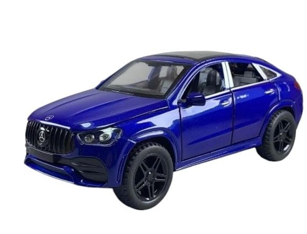 Macheta Mercedes GLE AMG G53 din Metal, Cu Lumini si Sunete de Motor, Functii de Deschidere Usi si PushGo, Albastru, 17 cm