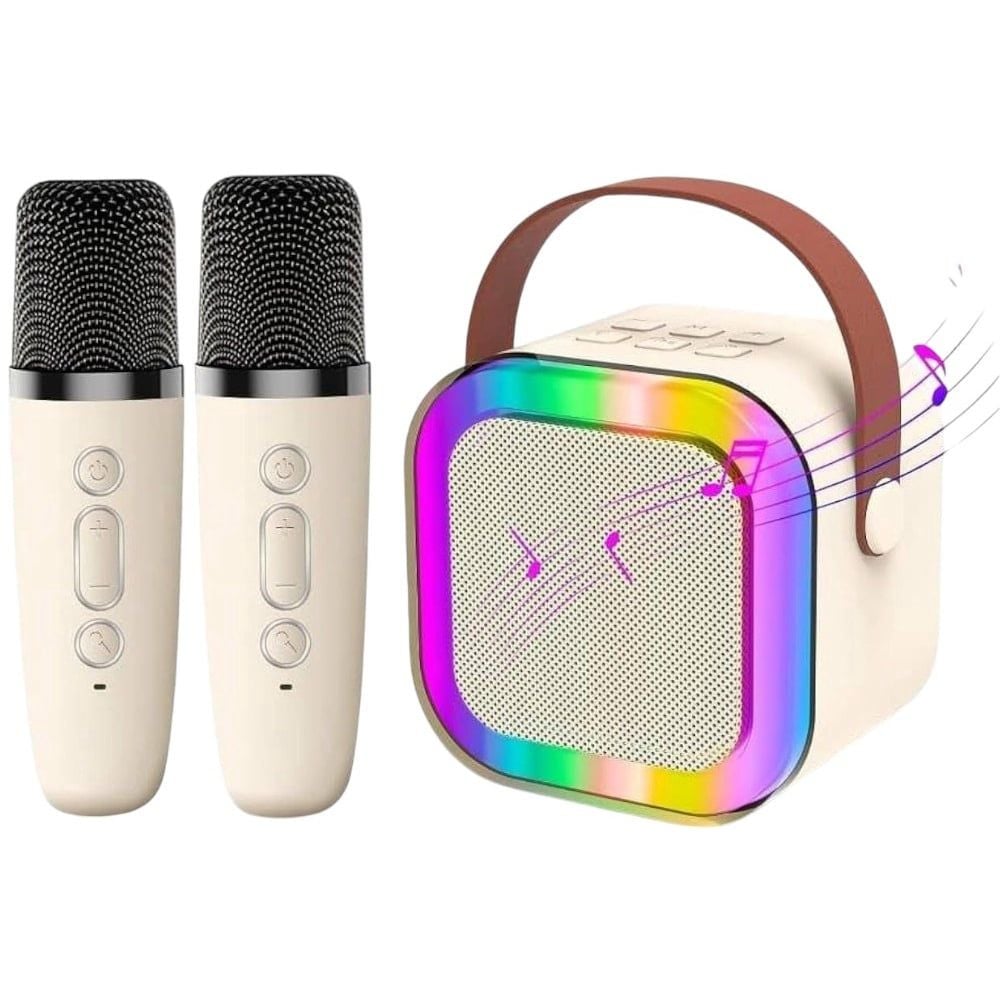 Set 2 Microfoane Karaoke cu Boxa Portabila, Culori LED, Wireless, Bluetooth, Efecte Vocale, Mp3
