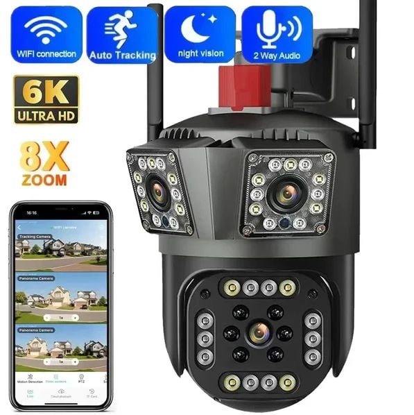 Camera de Supraveghere Smart V380 PRO ,   3 Camere (1 Rotativa 360   180  ), 12MP, LED cu Sirena, WiFi 2.4G, Infrarosu, TF Card pana la 64GB, Conectare prin Aplicatia   V380 PRO  , Cablu LAN,Alimentator 220