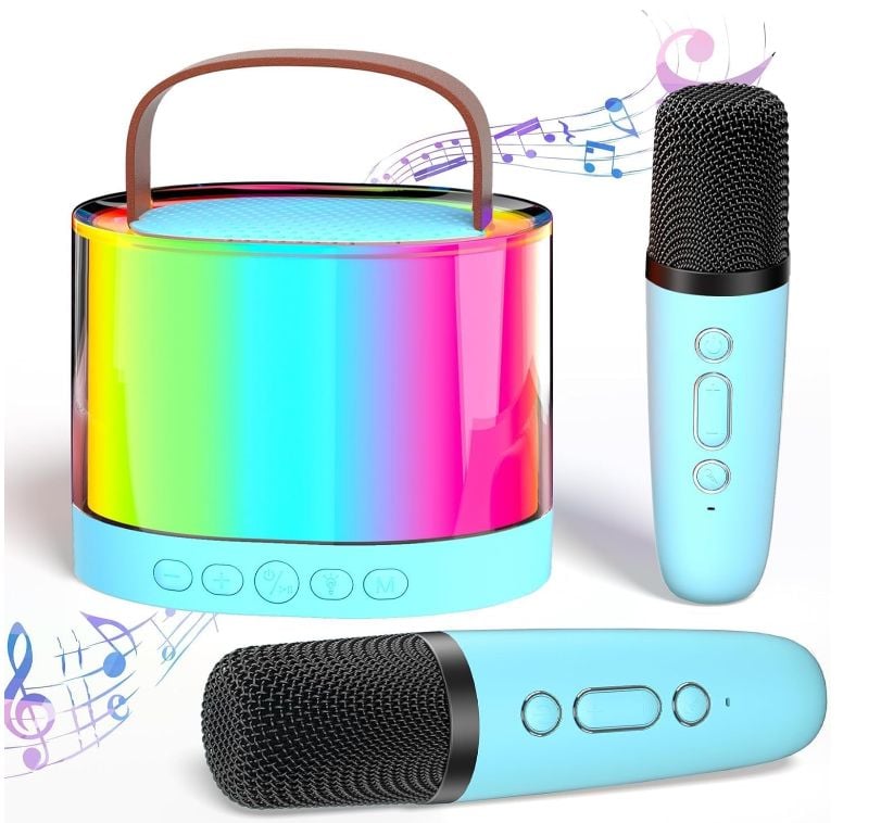 Sistem Karaoke Portabil cu 2 Microfoane Wireless, Boxa Bluetooth cu Lumini Ambientale, Compatibil TF AUX
