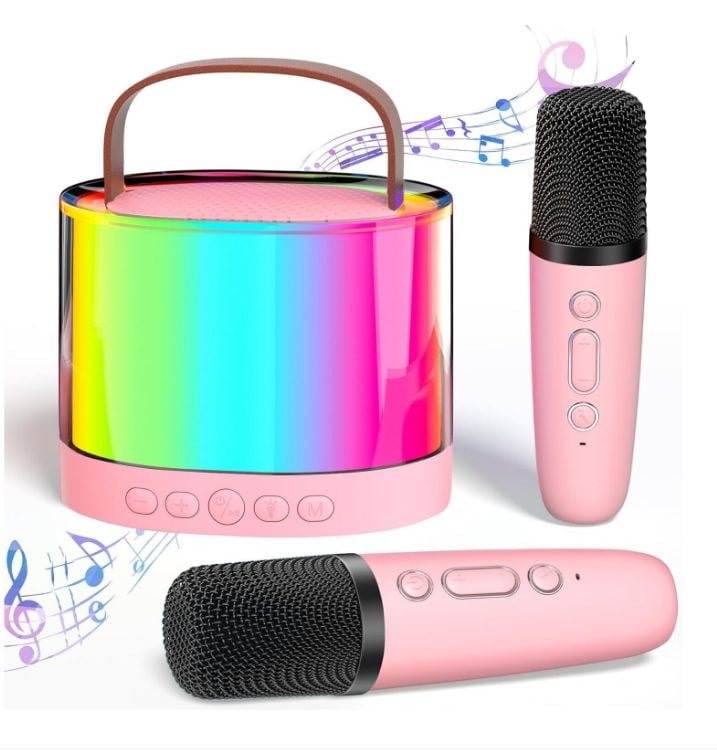 Sistem Karaoke Portabil cu 2 Microfoane Wireless, Boxa Bluetooth cu Lumini Ambientale, Compatibil TF AUX