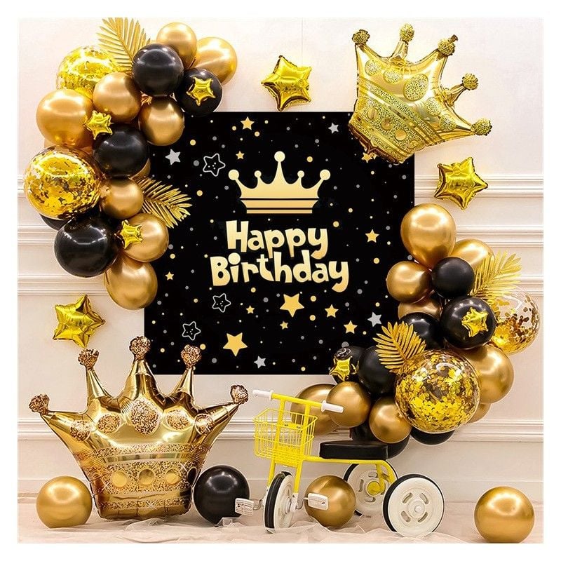 Kit aranjamente baloane Happy Birthday, fundal, baloane latex si folie aluminiu, negru auriu Engros