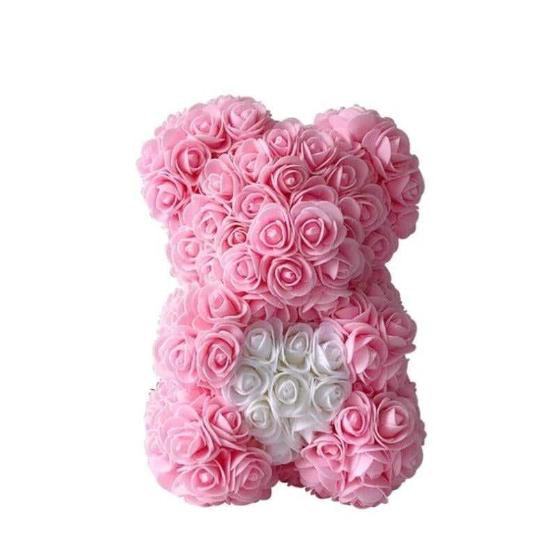 Ursulet decorativ Roz deschis cu inimioara alba 23cm din trandafiri spuma si cutie cadou cu panglică Engros