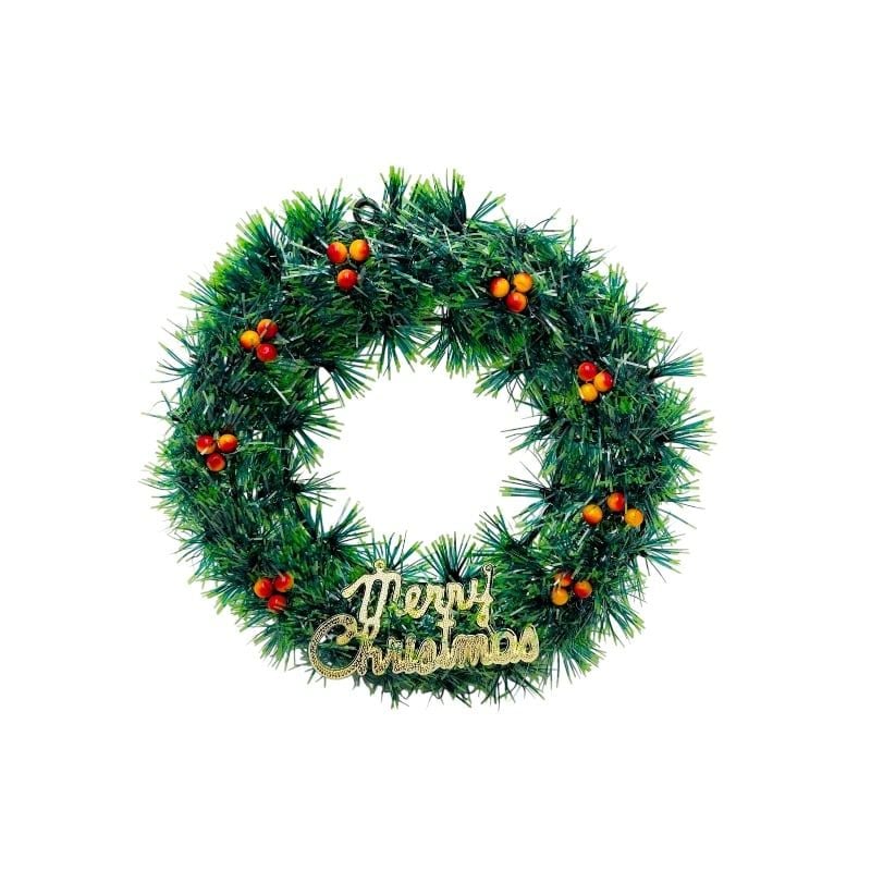 Coronita engros de Craciun artificiala 30 cm cu fructe decorative si mesaj auriu Merry Christmas