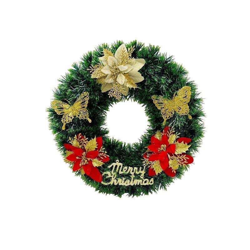 Coronita engros de Craciun artificiala 36 cm cu flori rosii si aurii, fluturi aurii si mesaj Merry Christmas
