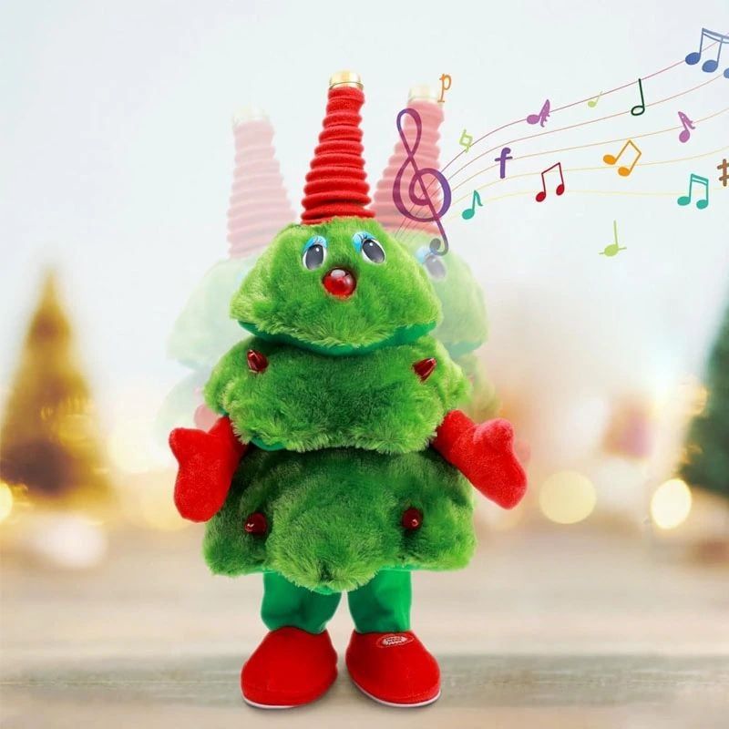 Brad engros muzical animat 42 cm cu saxofon, LED roșu și dans – 8 melodii, funcționare pe baterii