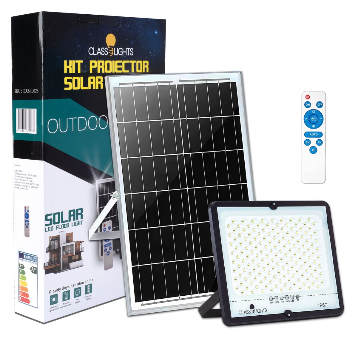 Proiector Solar LED 300W Engros, Panou Solar Monocristalin, Kit Complet, IP67, Classlights