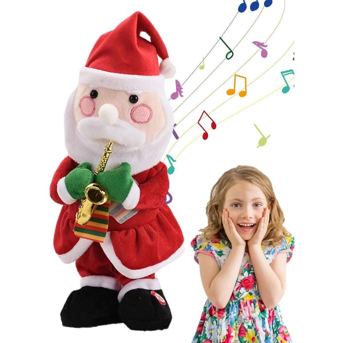 Mos engros Craciun muzical animat cu saxofon, lumini LED si dans – decor interactiv de sarbatori