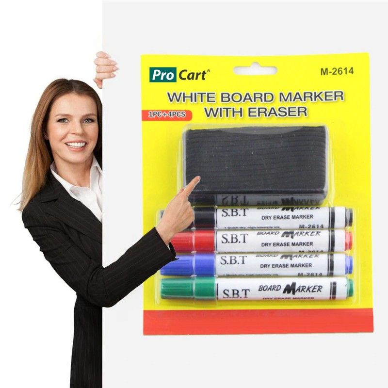 Set 4 markere si burete pentru tabla magnetica, uscare rapida, varf 3 mm, ProCart Engros