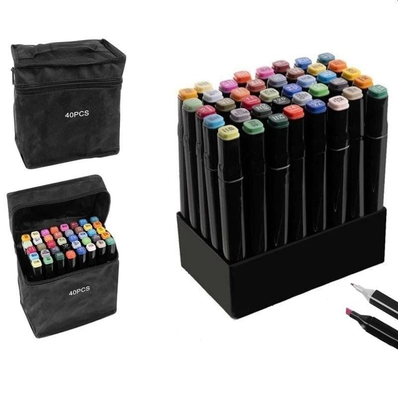 Set 40 markere multicolore cu 2 capete pentru scriere, geanta depozitare inclusa Engros