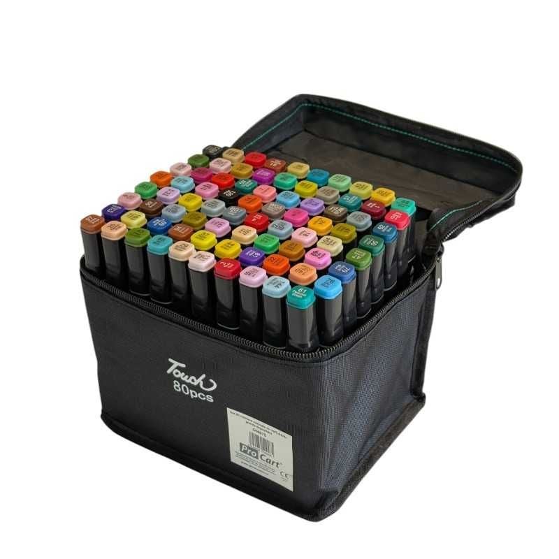 Set 80 markere cu varf dublu, culori diverse, geanta depozitare inclusa Engros
