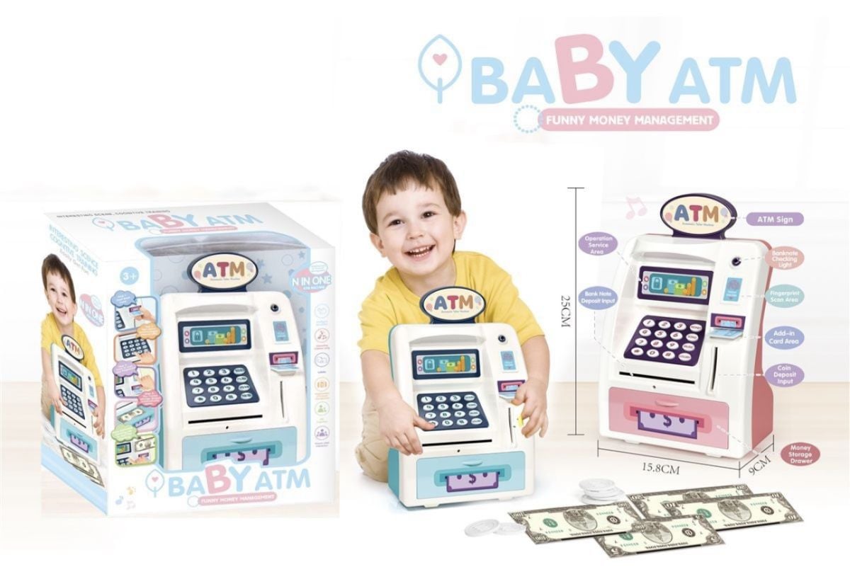 Baby ATM Interactiv pentru Copii – Jucărie Educativă cu Bancnote, Monede și Card – 25 cm, En-Gros