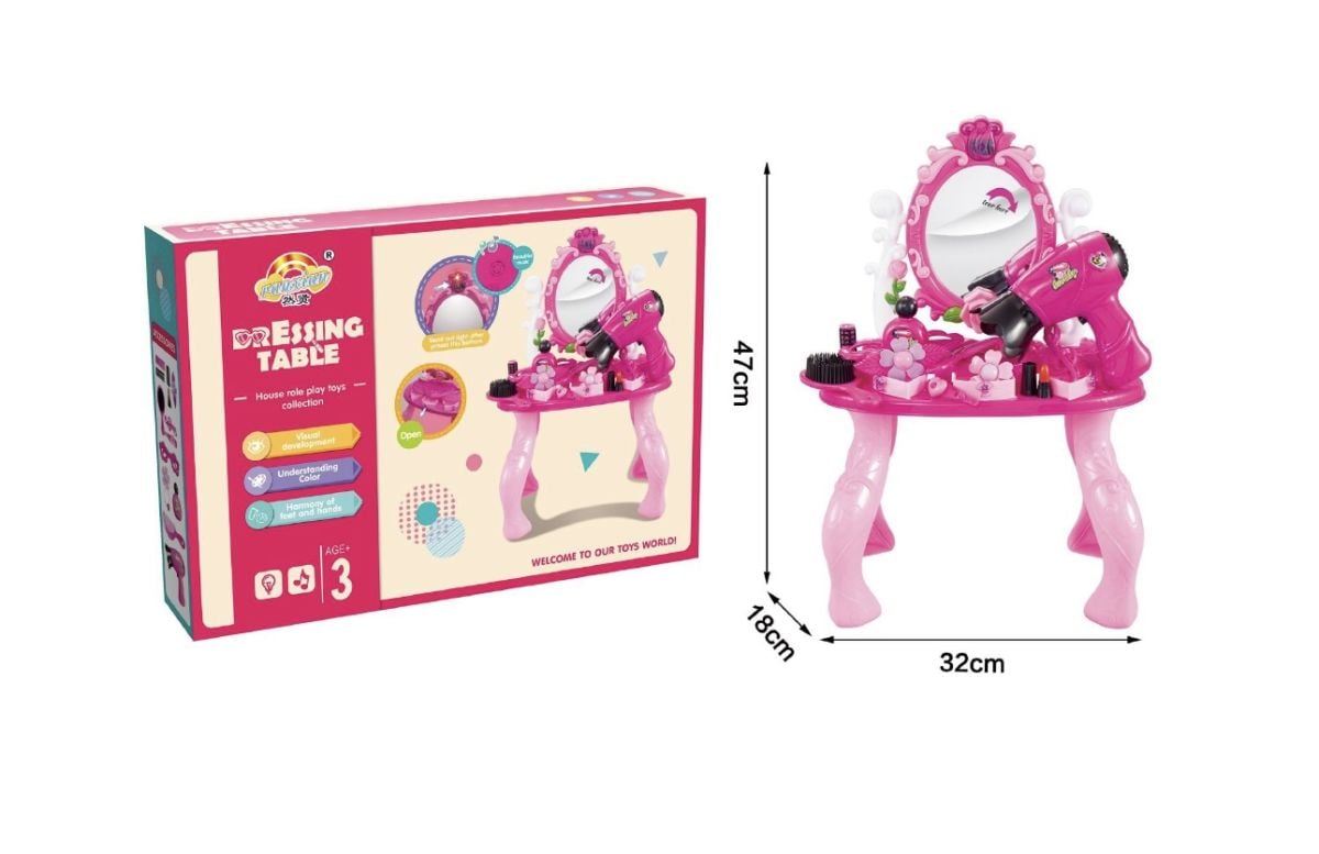 Măsuță de Toaletă pentru Copii cu Accesorii, Oglindă și Uscător de Păr, Set de Machiaj și Coafat, 47 cm, En-gros