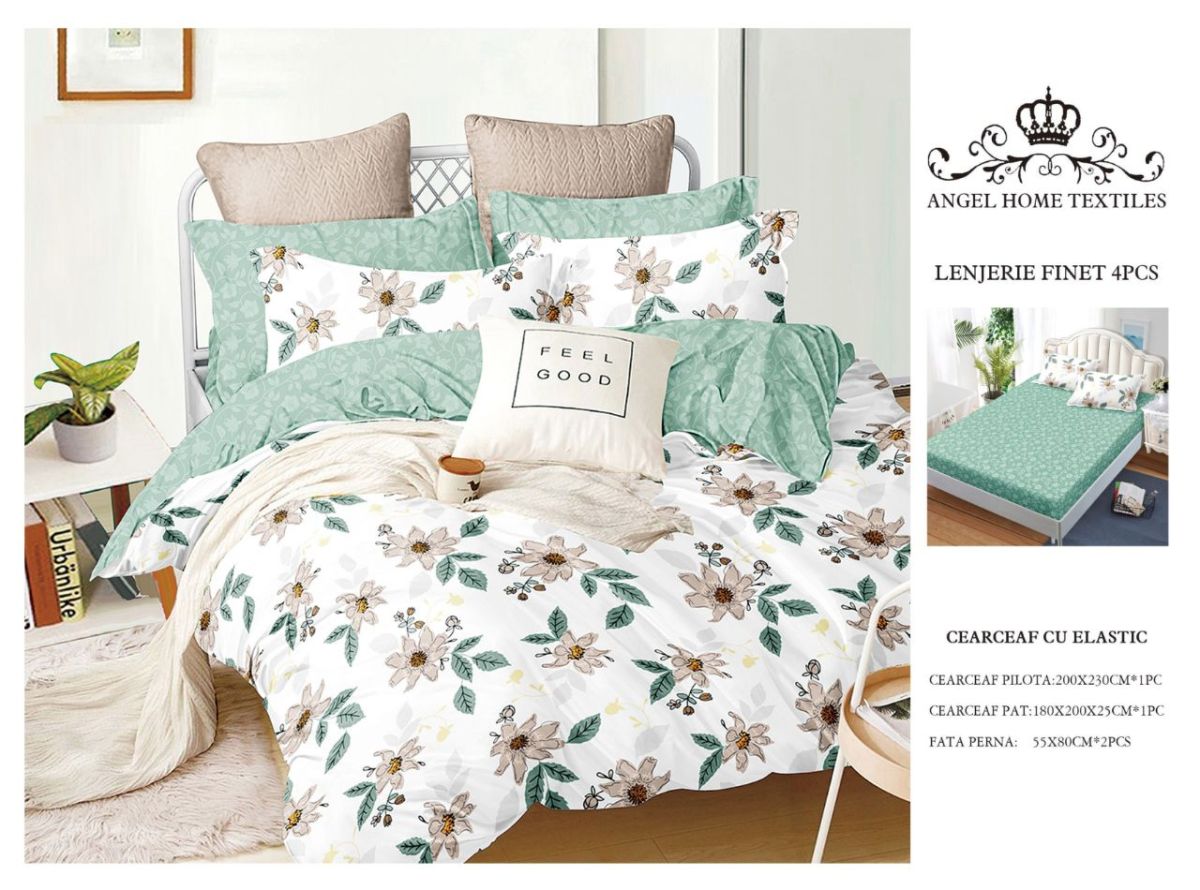 Lenjerii En-Gros, Alb, cu Elastic, din Bumbac tip Finet, 180x200 cm, pentru Pat Dublu, 4 Piese, cu 2 Fete de Perna 55x80cm Incluse