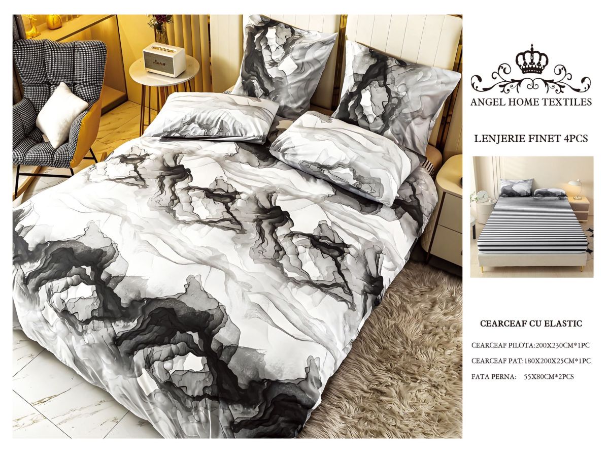 Lenjerii En-Gros, Alb cu Negru, cu Elastic, din Bumbac tip Finet, 180x200 cm, pentru Pat Dublu, 4 Piese, cu 2 Fete de Perna 55x80cm Incluse