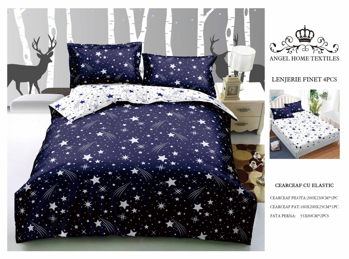 Lenjerii En-Gros, Albastru, cu Elastic, din Bumbac tip Finet, 180x200 cm, pentru Pat Dublu, 4 Piese, cu 2 Fete de Perna 55x80cm Incluse