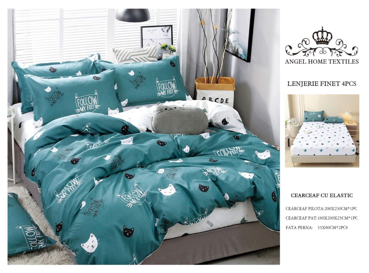 Lenjerii En-Gros, Albastru, cu Elastic, din Bumbac tip Finet, 180x200 cm, pentru Pat Dublu, 4 Piese, cu 2 Fete de Perna 55x80cm Incluse