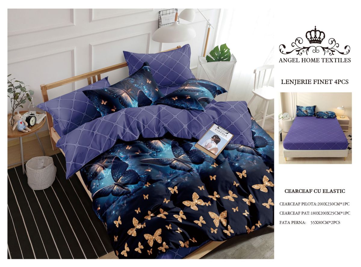 Lenjerii En-Gros, Albastru, cu Elastic, din Bumbac tip Finet, 180x200 cm, pentru Pat Dublu, 4 Piese, cu 2 Fete de Perna 55x80cm Incluse