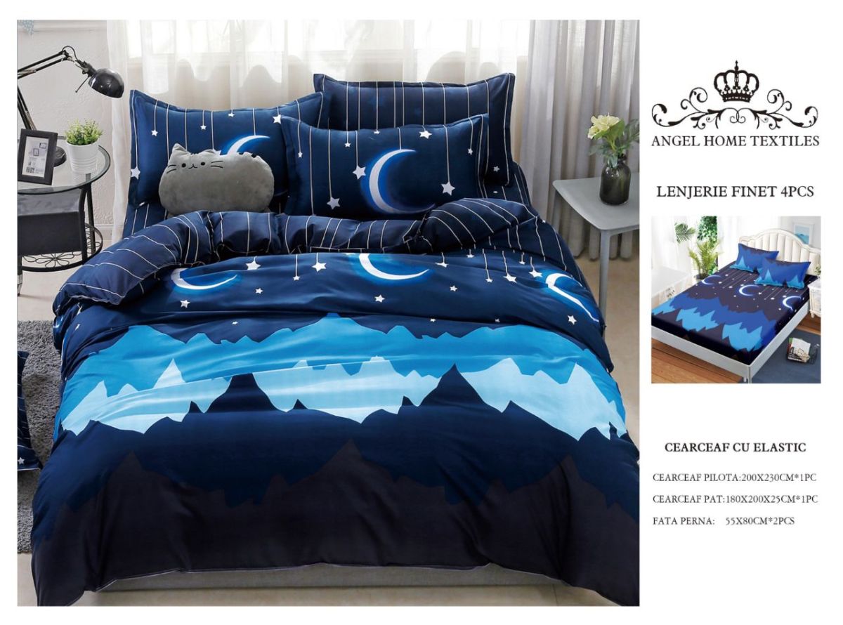 Lenjerii En-Gros, Albastru cu Elastic, din Bumbac tip Finet, 180x200 cm, pentru Pat Dublu, 4 Piese, cu 2 Fete de Perna 55x80cm Incluse