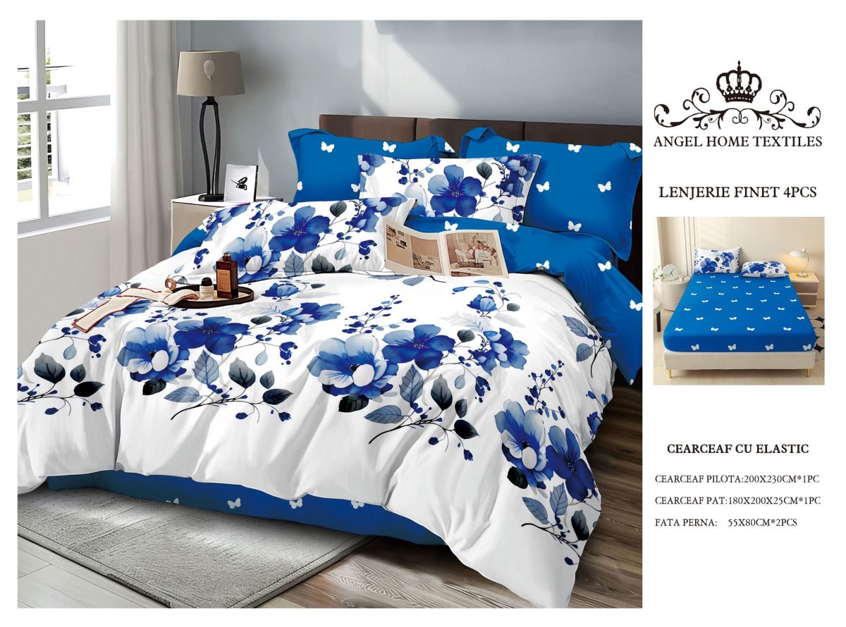Lenjerii En-Gros, Albastru, cu Elastic, din Bumbac tip Finet, 180x200 cm, pentru Pat Dublu, 4 Piese, cu 2 Fete de Perna 55x80cm Incluse