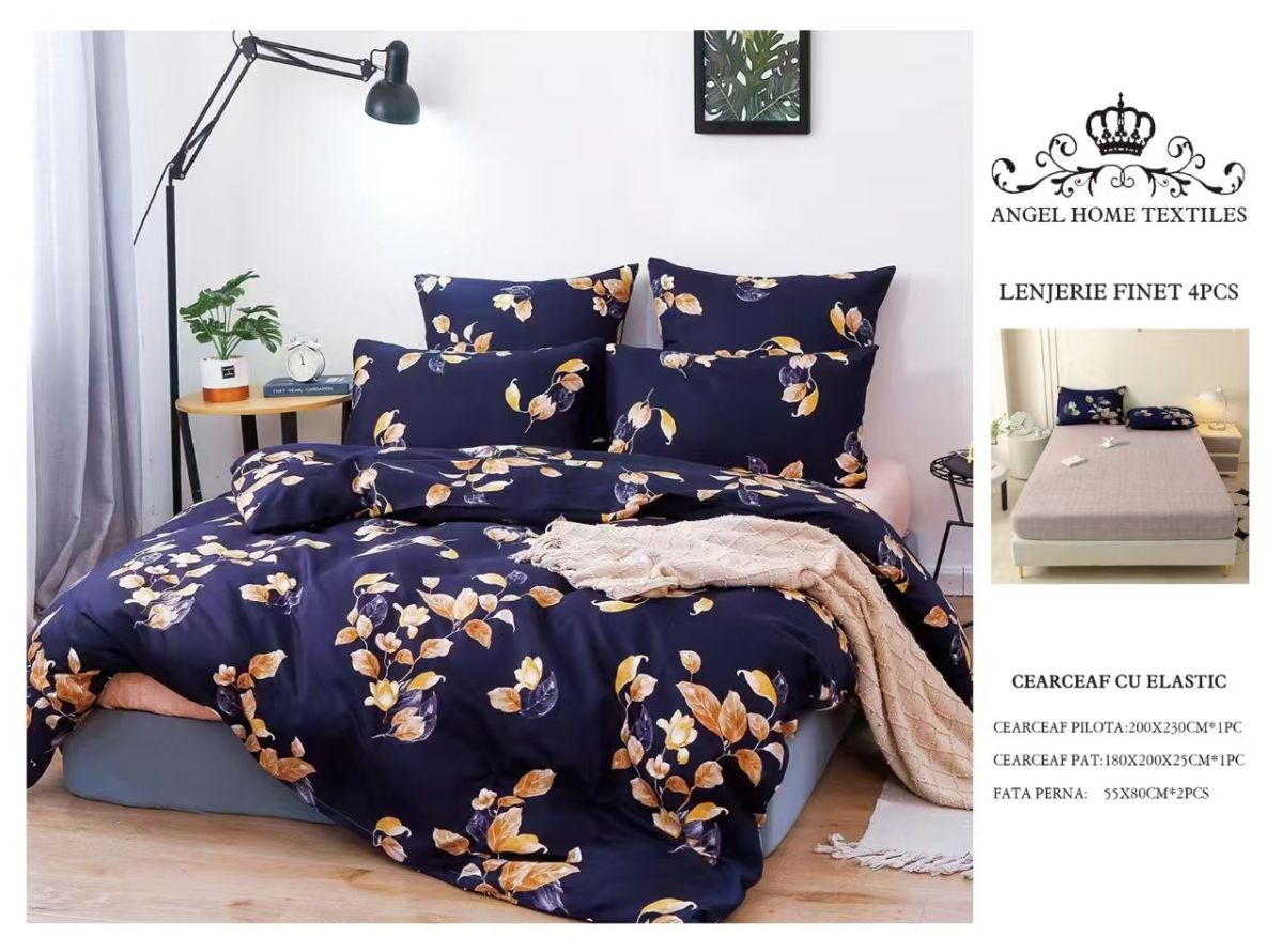 Lenjerii En-Gros, Albastru Inchis, cu Elastic, din Bumbac tip Finet, 180x200 cm, pentru Pat Dublu, 4 Piese, cu 2 Fete de Perna 55x80cm Incluse