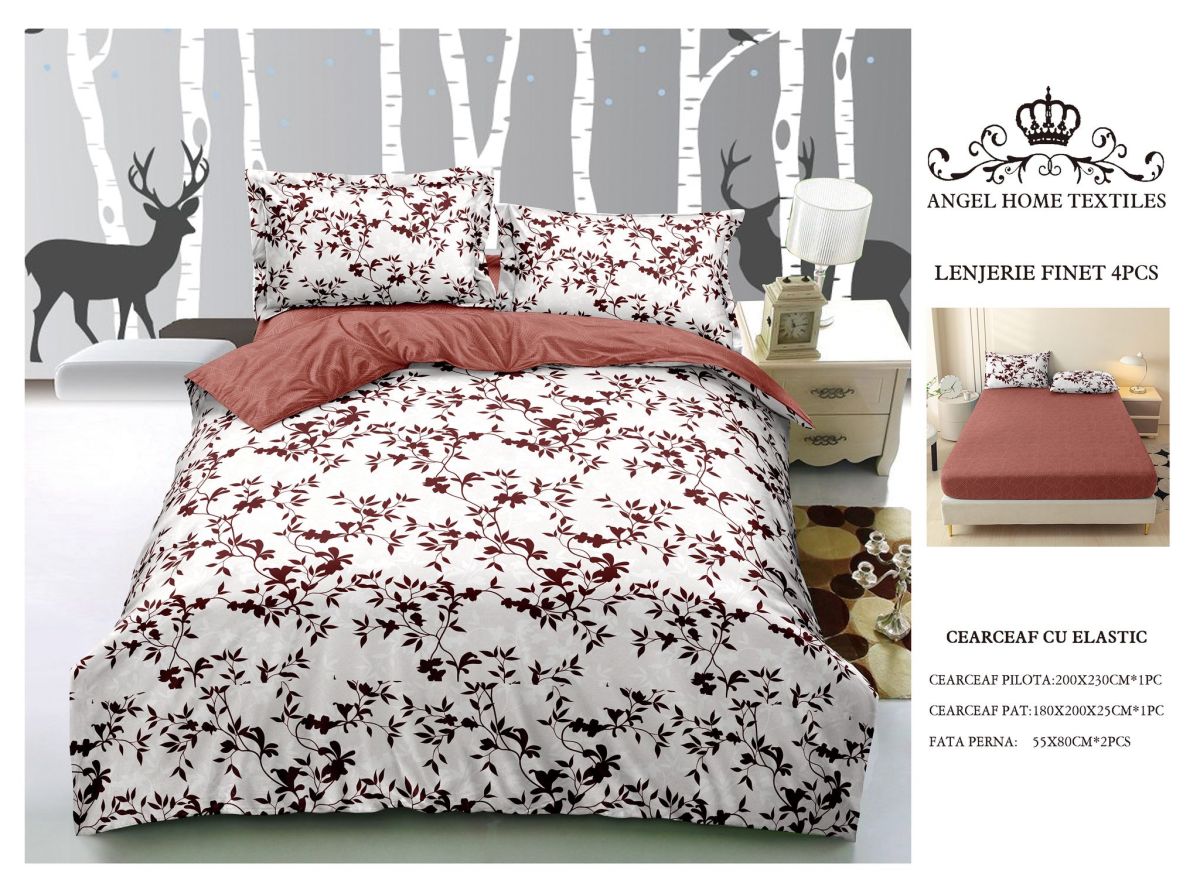 Lenjerii En-Gros, cu Elastic, din Bumbac tip Finet, 180x200 cm, pentru Pat Dublu, 4 Piese, cu 2 Fete de Perna 55x80cm Incluse