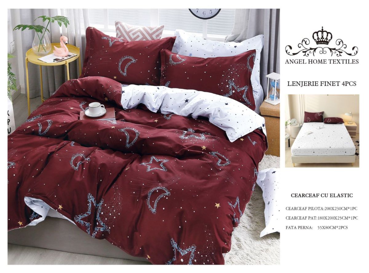 Lenjerii En-Gros, cu Elastic, din Bumbac tip Finet, 180x200 cm, pentru Pat Dublu, 4 Piese, cu 2 Fete de Perna 55x80cm Incluse