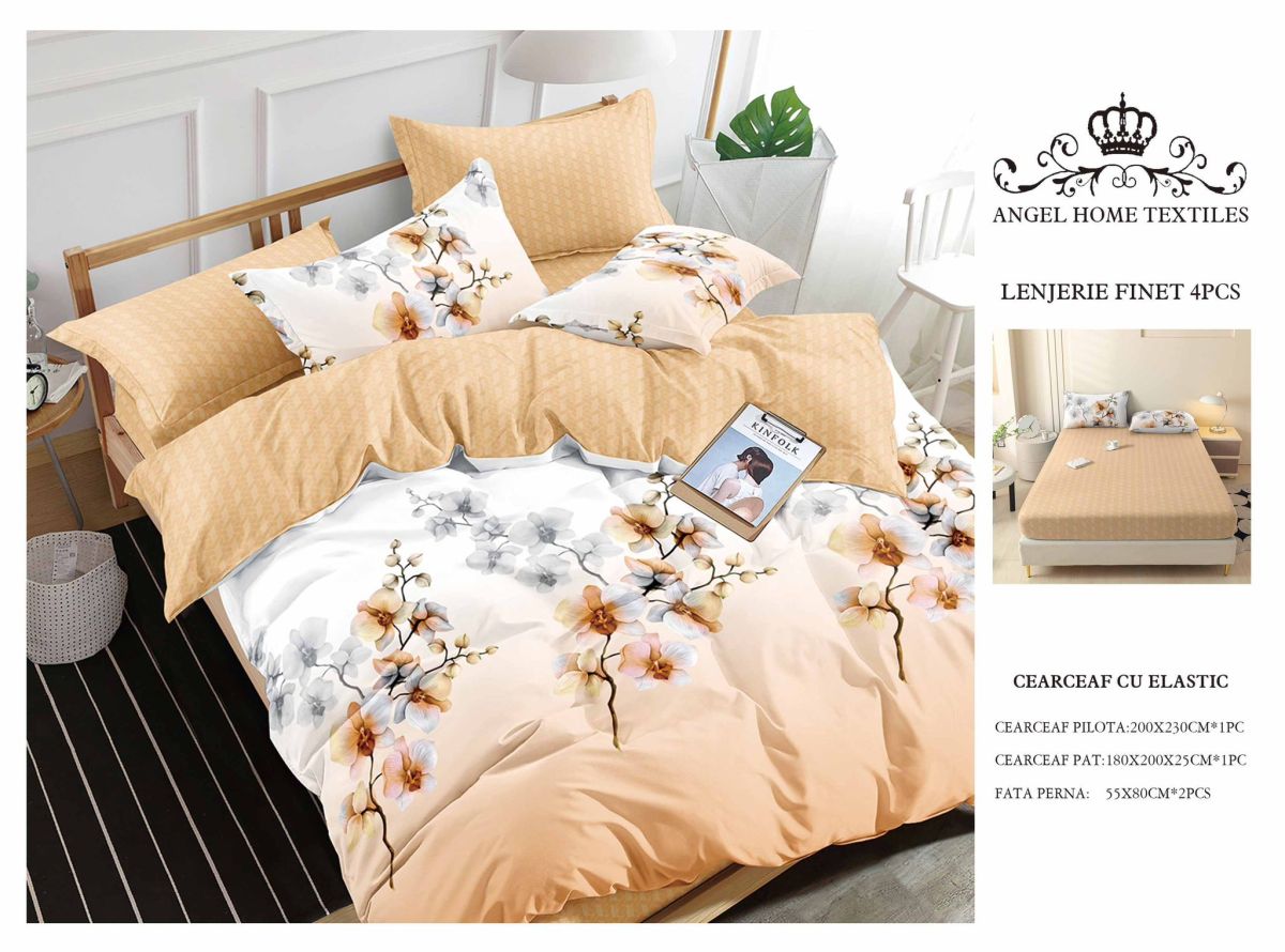 Lenjerii En-Gros, cu Elastic, din Bumbac tip Finet, 180x200 cm, pentru Pat Dublu, 4 Piese, cu 2 Fete de Perna 55x80cm Incluse