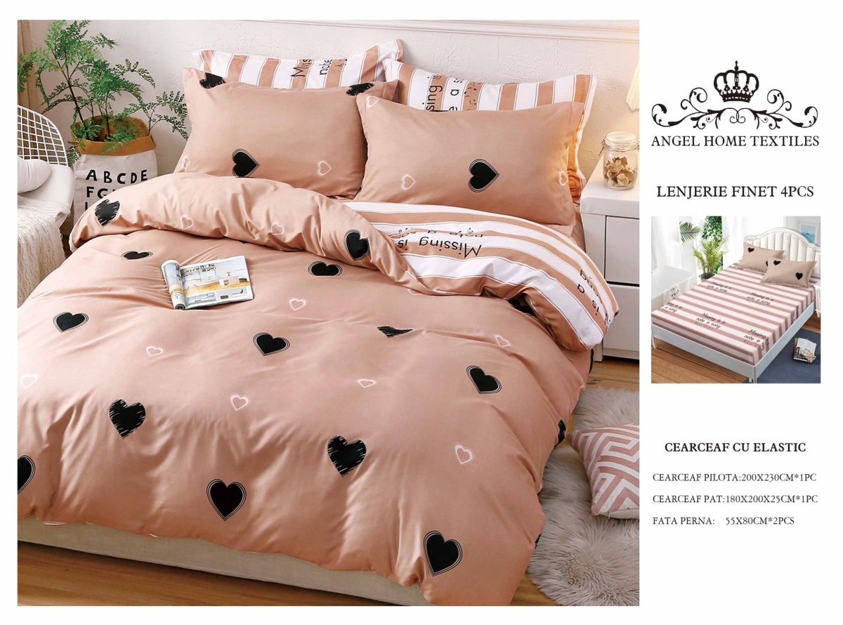 Lenjerii En-Gros, cu Elastic, din Bumbac tip Finet, 180x200 cm, pentru Pat Dublu, 4 Piese, cu 2 Fete de Perna 55x80cm Incluse
