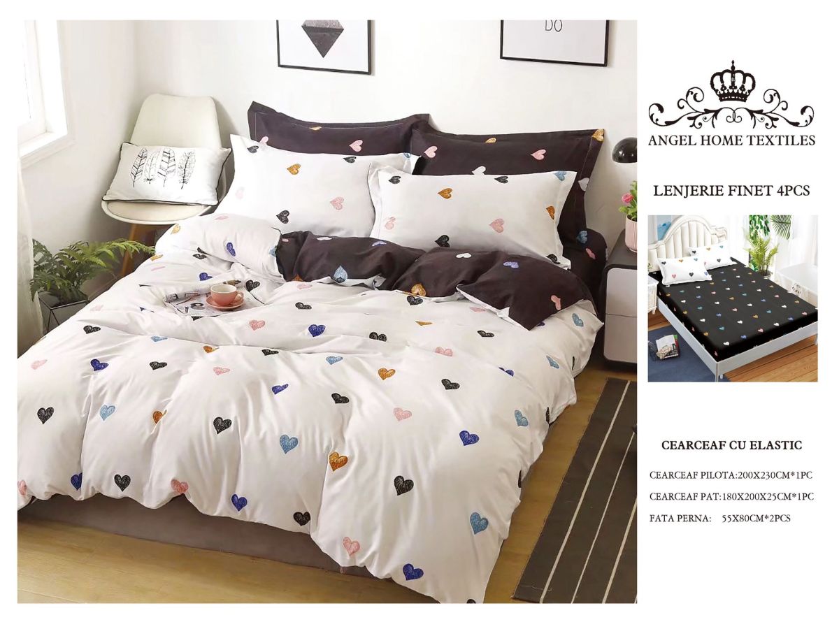 Lenjerii En-Gros, cu Elastic, din Bumbac tip Finet, 180x200 cm, pentru Pat Dublu, 4 Piese, cu 2 Fete de Perna 55x80cm Incluse