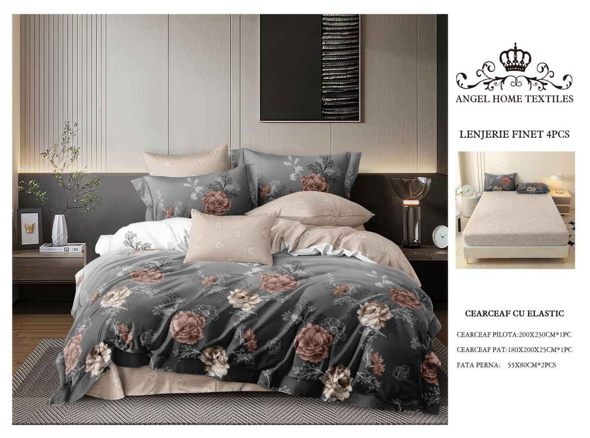 Lenjerii En-Gros, cu Elastic, din Bumbac tip Finet, 180x200 cm, pentru Pat Dublu, 4 Piese, cu 2 Fete de Perna 55x80cm Incluse