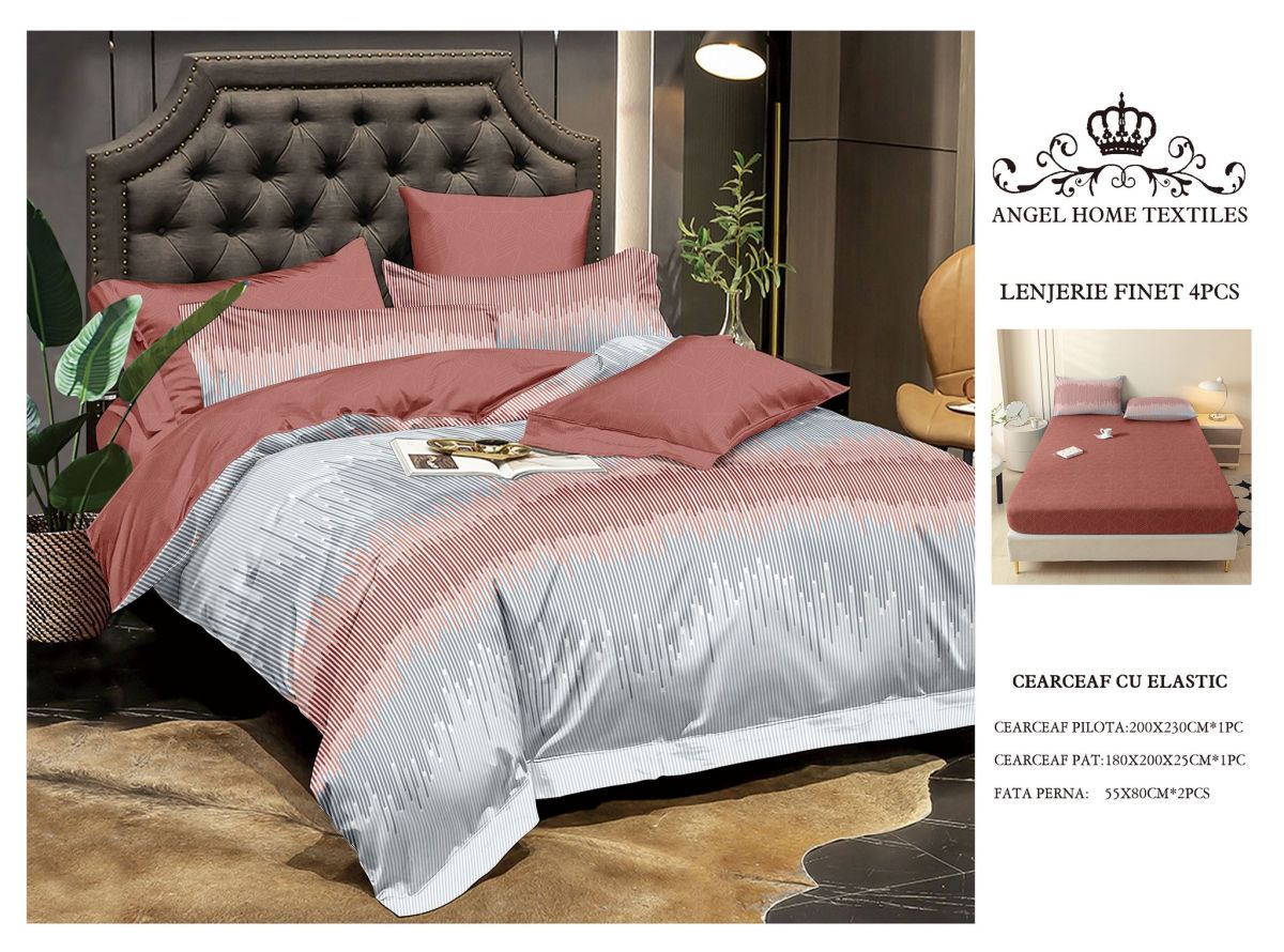 Lenjerii En-Gros, cu Elastic, din Bumbac tip Finet, 180x200 cm, pentru Pat Dublu, 4 Piese, cu 2 Fete de Perna 55x80cm Incluse