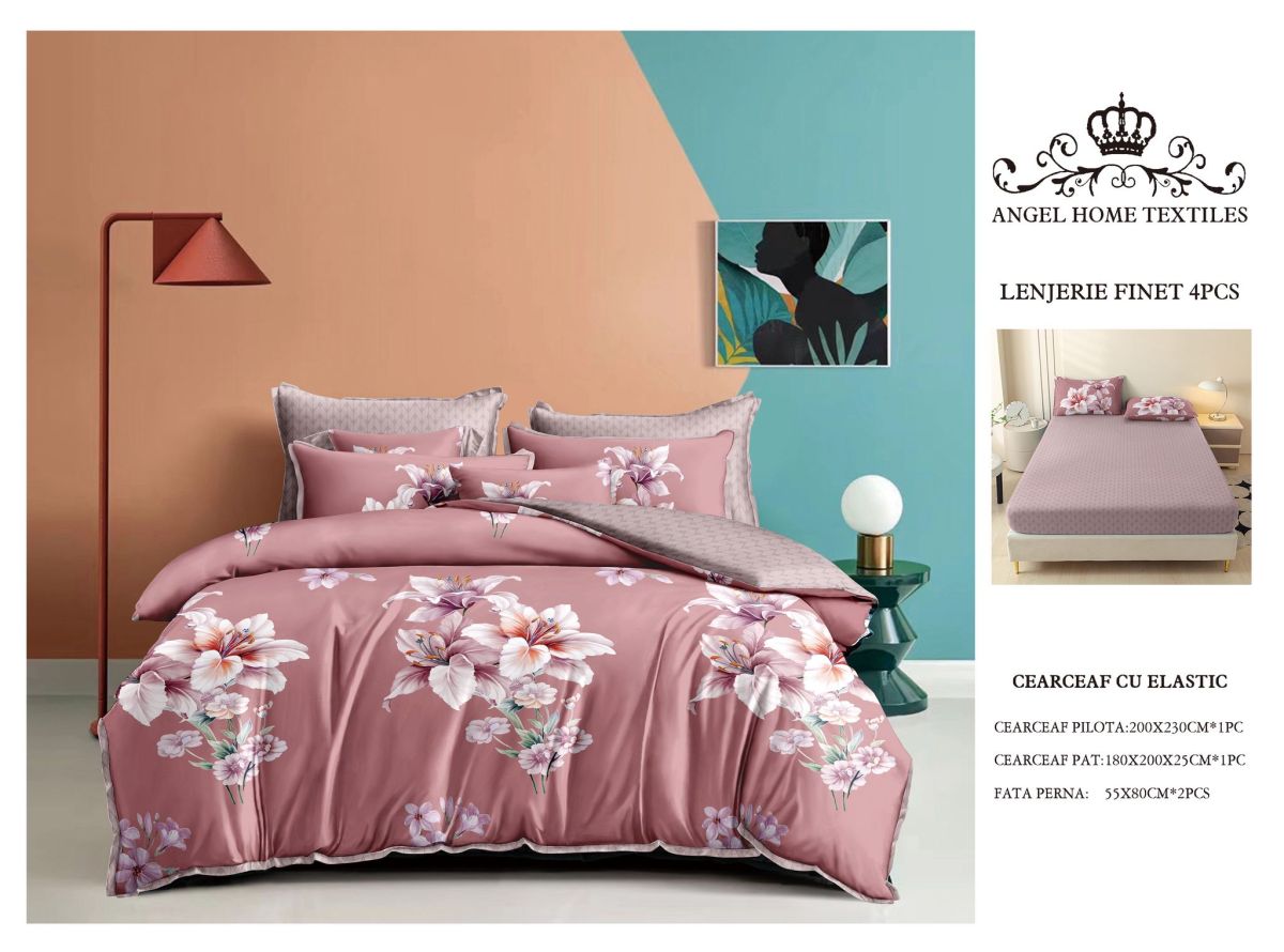 Lenjerii En-Gros, cu Elastic, din Bumbac tip Finet, 180x200 cm, pentru Pat Dublu, 4 Piese, cu 2 Fete de Perna 55x80cm Incluse