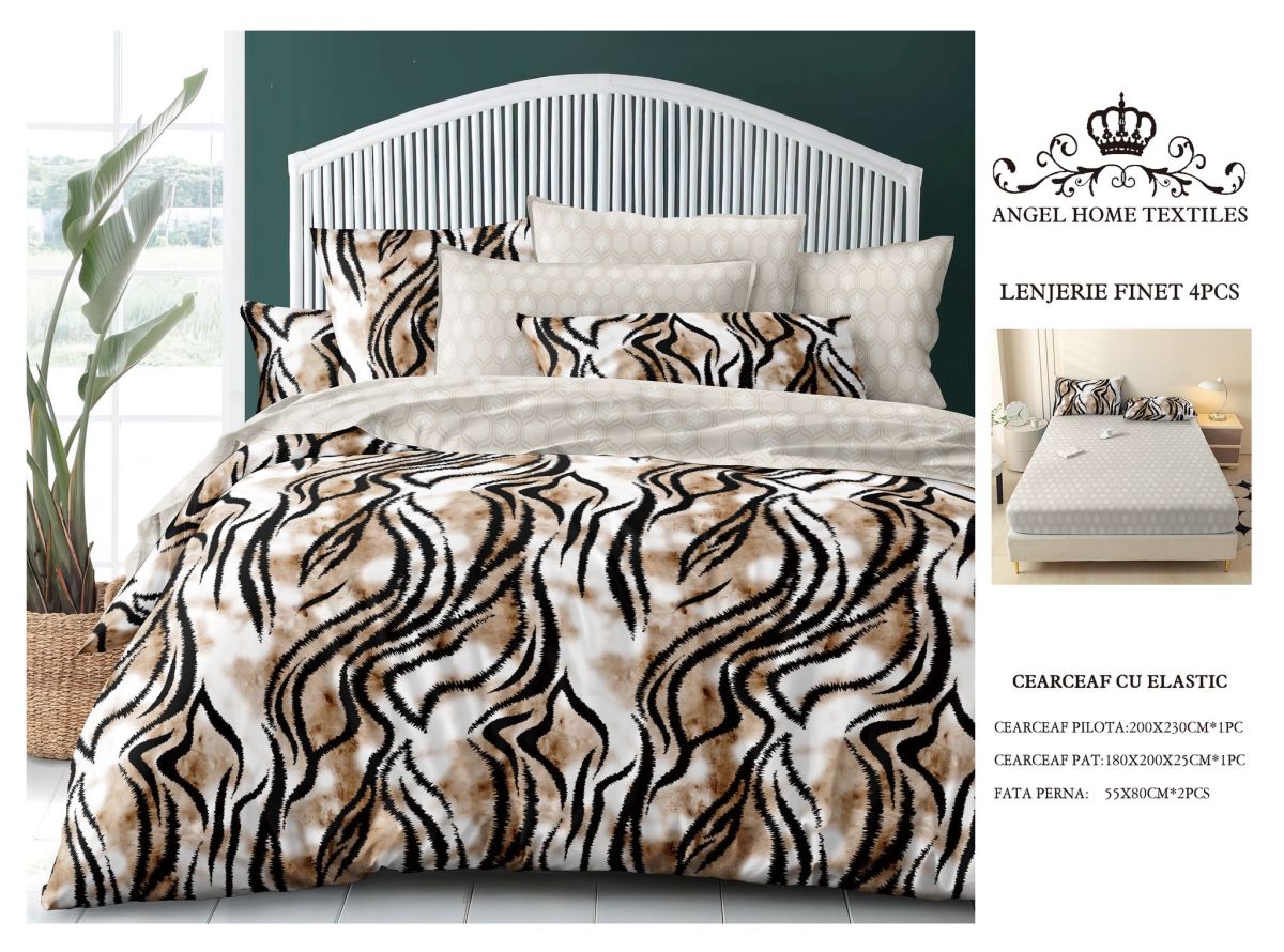 Lenjerii En-Gros, cu Elastic, din Bumbac tip Finet, 180x200 cm, pentru Pat Dublu, 4 Piese, cu 2 Fete de Perna 55x80cm Incluse