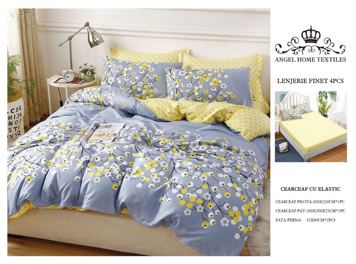 Lenjerii En-Gros, Galben, cu Elastic, din Bumbac tip Finet, 180x200 cm, pentru Pat Dublu, 4 Piese, cu 2 Fete de Perna 55x80cm Incluse