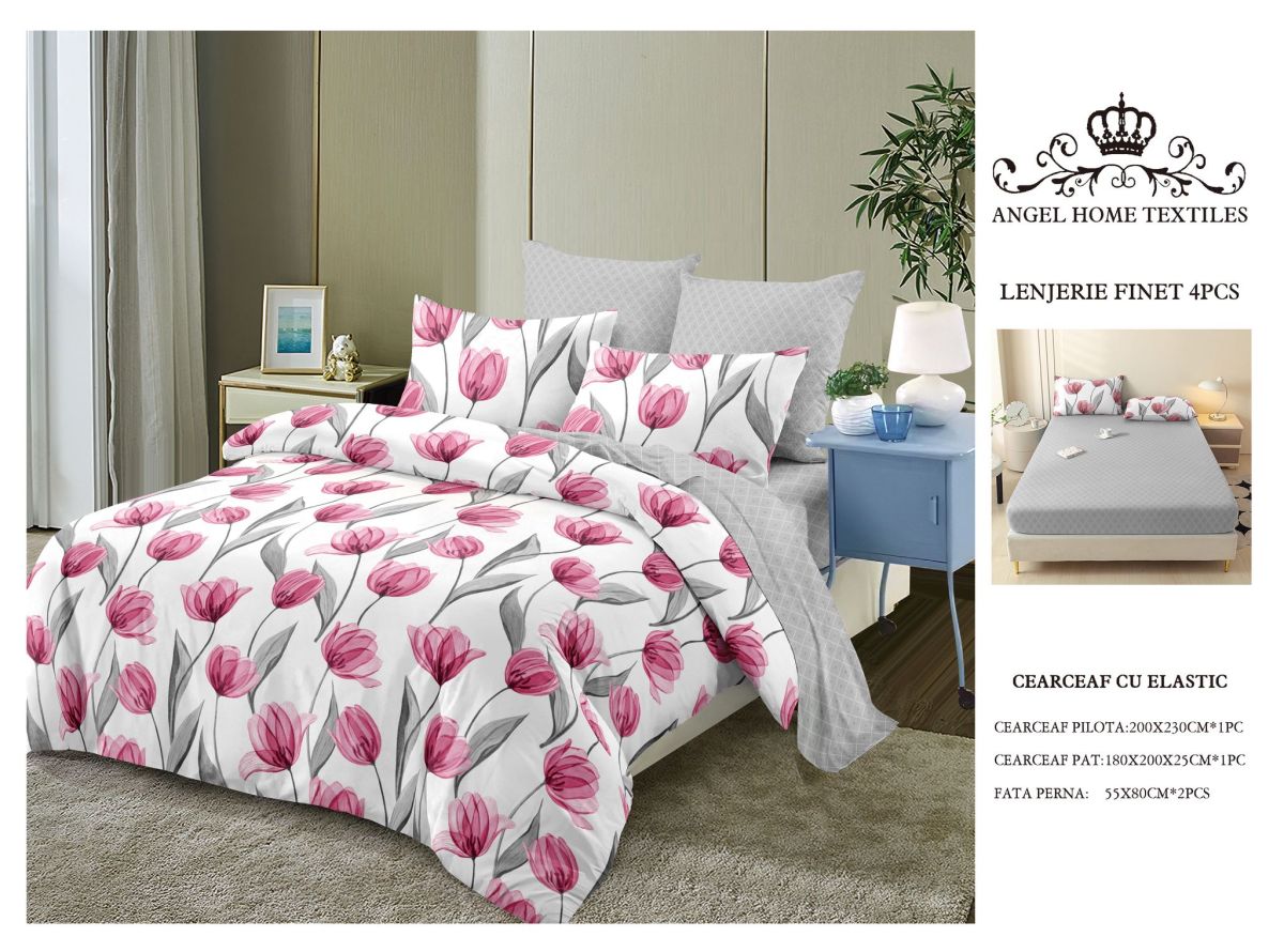 Lenjerii En-Gros, Gri, cu Elastic, din Bumbac tip Finet, 180x200 cm, pentru Pat Dublu, 4 Piese, cu 2 Fete de Perna 55x80cm Incluse