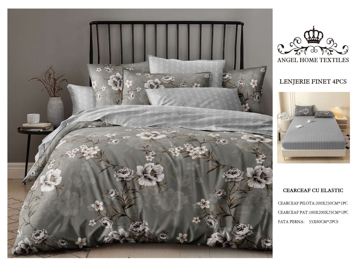 Lenjerii En-Gros, Gri, cu Elastic, din Bumbac tip Finet, 180x200 cm, pentru Pat Dublu, 4 Piese, cu 2 Fete de Perna 55x80cm Incluse