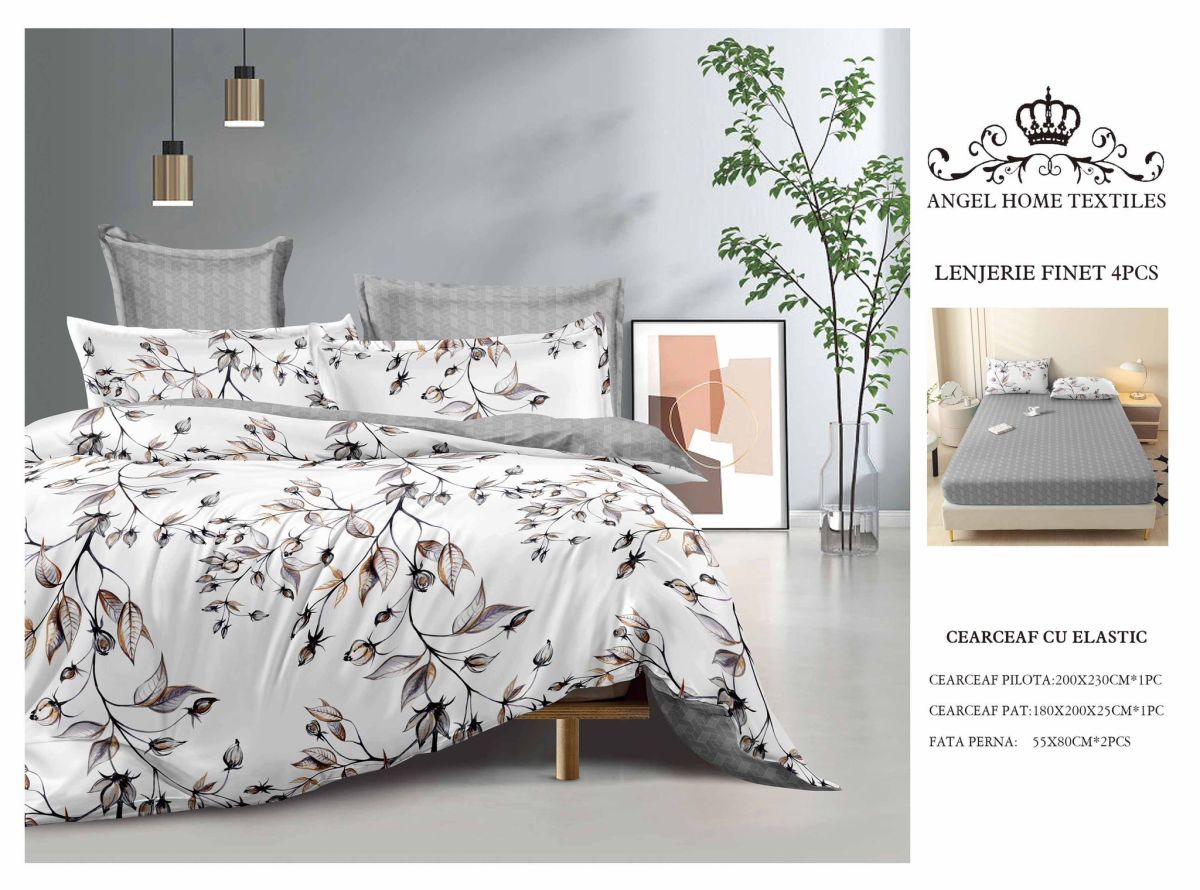 Lenjerii En-Gros, Gri, cu Elastic, din Bumbac tip Finet, 180x200 cm, pentru Pat Dublu, 4 Piese, cu 2 Fete de Perna 55x80cm Incluse