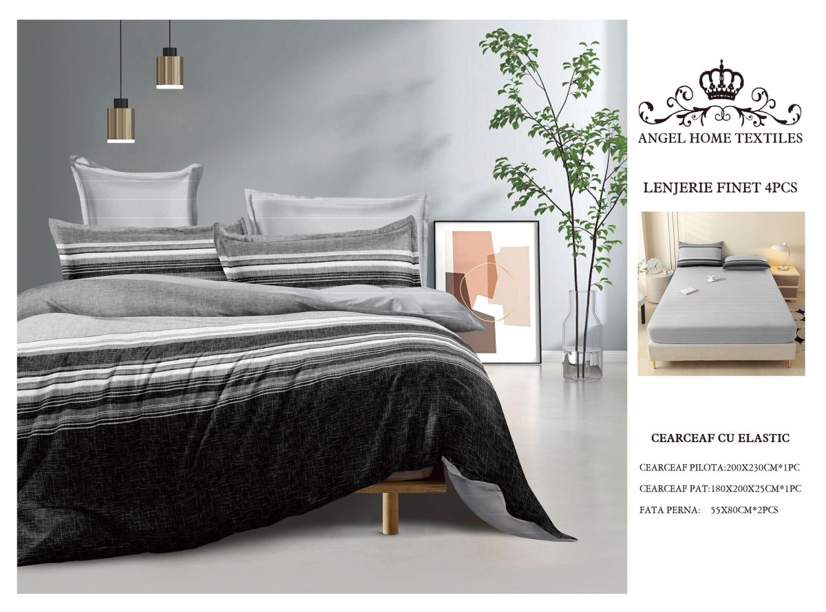 Lenjerii En-Gros, Gri Inchis, cu Elastic, din Bumbac tip Finet, 180x200 cm, pentru Pat Dublu, 4 Piese, cu 2 Fete de Perna 55x80cm Incluse